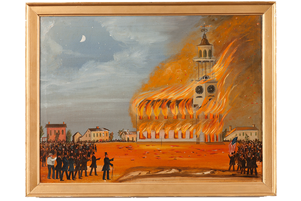 Burning the Old South Church (c. 1854), attributed to John Hilling, oil on canvas.