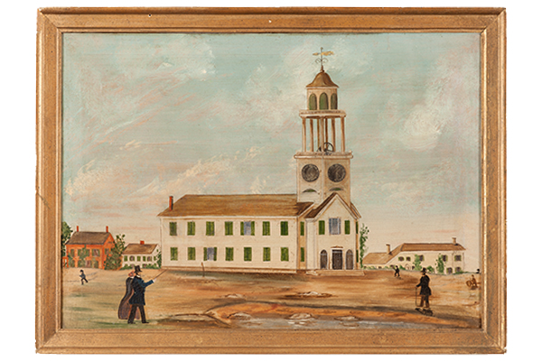 Three paintings depict a historical event at Old South Church; note the clock hands move in each.