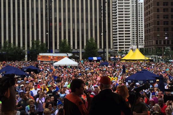 A crowd gathers for the World's Largest Chicken Dance at Oktoberfest 2015.