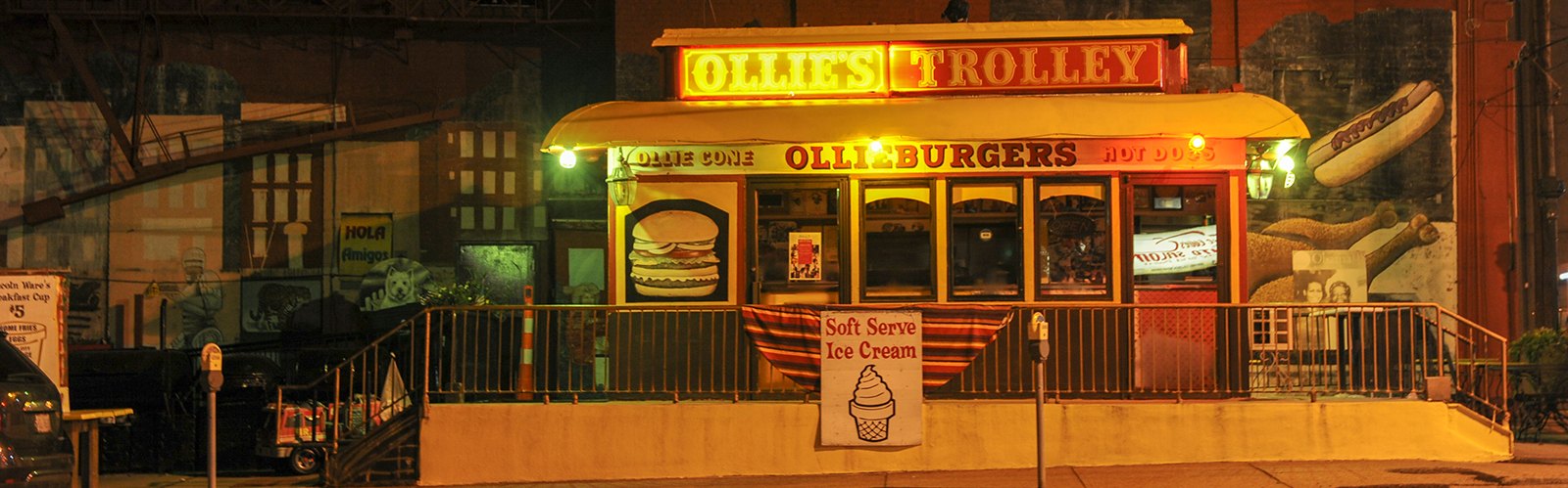 Nighttime at Ollie's Trolley at the corner of Liberty Street and Central Avenue