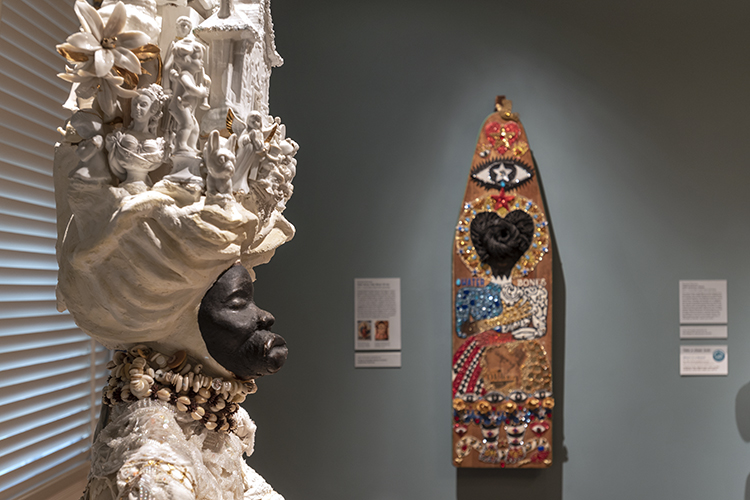 The exhibit is filled with mixed-media sculptures made with objects that would otherwise be discarded.