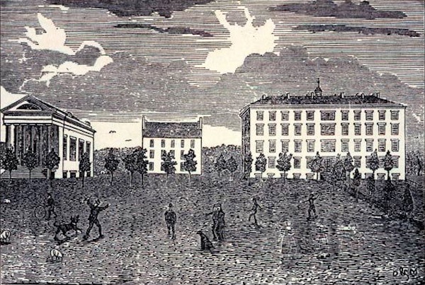 An early rendering depicts the Lane Theological Seminary grounds and campus buildings.