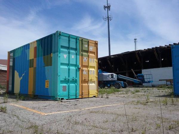 The Makers Mobile art gallery sits outside of PAR Projects' new home. It will eventually become part of a new building made entirely from shipping containers.