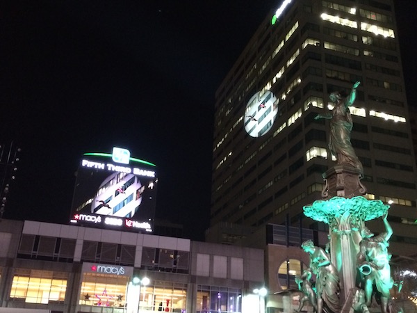 Santa rappels into Fountain Square during Downtown Dazzle.