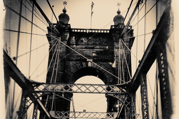 A tile/coaster featuring the Roebling Suspension Bridge