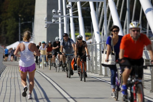 Portland's innovative Tilikum Crossing Bridge carries rail and bus transit as well as bikes and pedestrians, but no cars 
