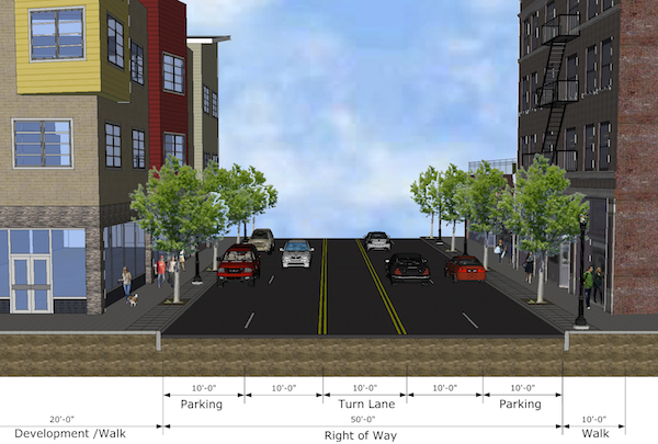 The city seems to prefer a 5-lane option for Liberty Street, returing 20 ft. of existing street to development