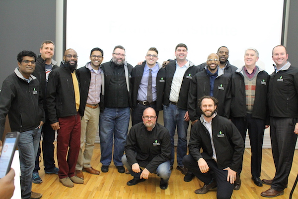 Founder Institute Cincinnati's nine graduates from its first cohort, along with director Michael Hiles.