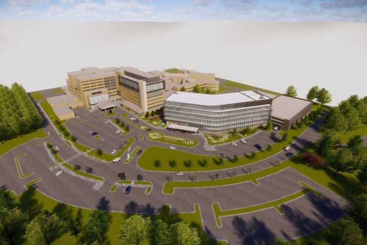 An aerial rendering of the St. Elizabeth Cancer Center, now under construction.