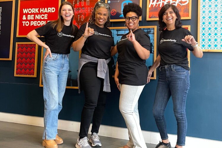 The current Elevate Equity cohort at Flywheel. Pictured l to r: Elle Baker, Dr. Leah Lewis, Denisha Porter, D. Sangeeta.