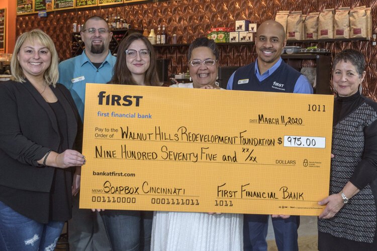 First Financial Bank underwrites Soapbox Walnut Hills Open Newsroom. l-r, Kacey King, Jason Radachi, Samantha Reeves, Kathryne Gardette, William Johnson, Jr. and Patrice Watson