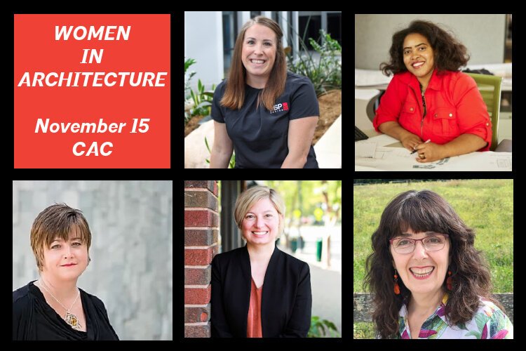 Women in Architecture panelists top l to r: Emily Lubbers, Ashley Pinkard. Bottom l to r: Moderator Sarah Kleiner and panelists Heather Wehby, Neena Jud,