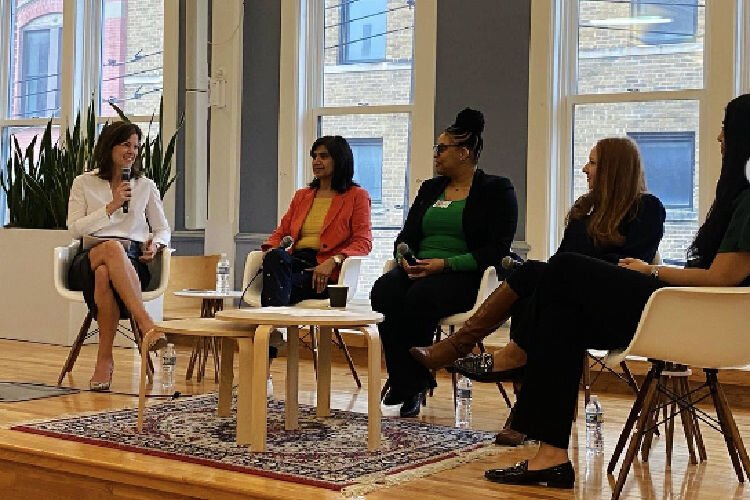 Kicking off International Women’s Day by hearing the wisdom of women leaders in tech. Pictured left to right: Donna Zaring, D. Sangeeta, Jessica Shely, Nicole Armstrong, Anu Vora