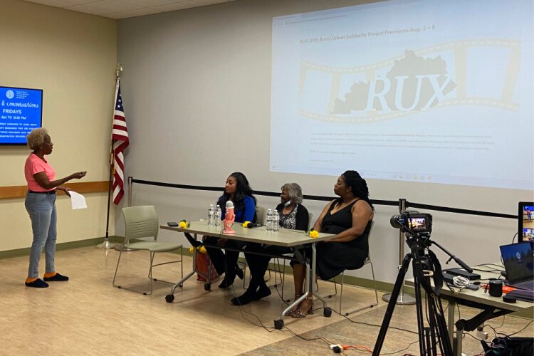 Film producer, Pam Mullins, facilitates discussion following screening at Covington Library with three women featured in her film; (l to r) Serena Baker Owen, Virinda Garland Doddy, and Chris Brown.