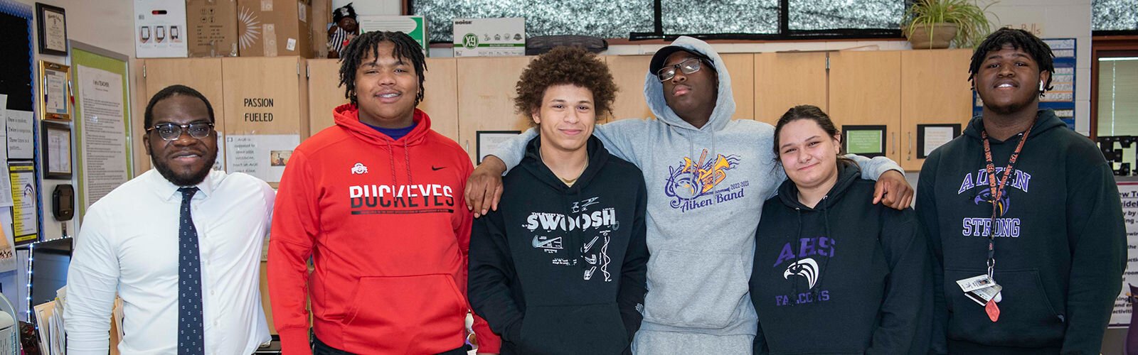 Nathaniel Bryan, Ph.D and TEACh cohort at Aiken High School in College Hill. l to r: Ka'Mori Boyd, Chris Lewis, Leonard Dangerfield, Emily Smith and Kishaun Web