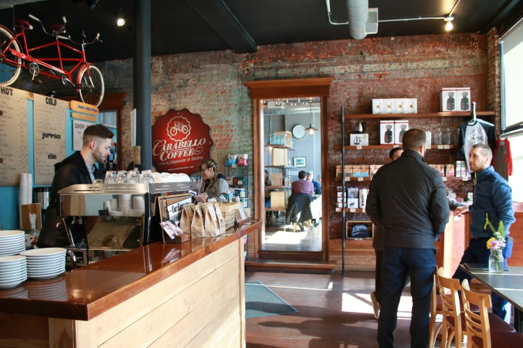 The shop's interior is warm and inviting.