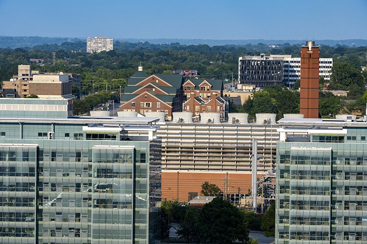 Panorama tour: View Eastward, from top of CT. Morgens Hall, Jefferson Ave. UC Utilities Plant. 