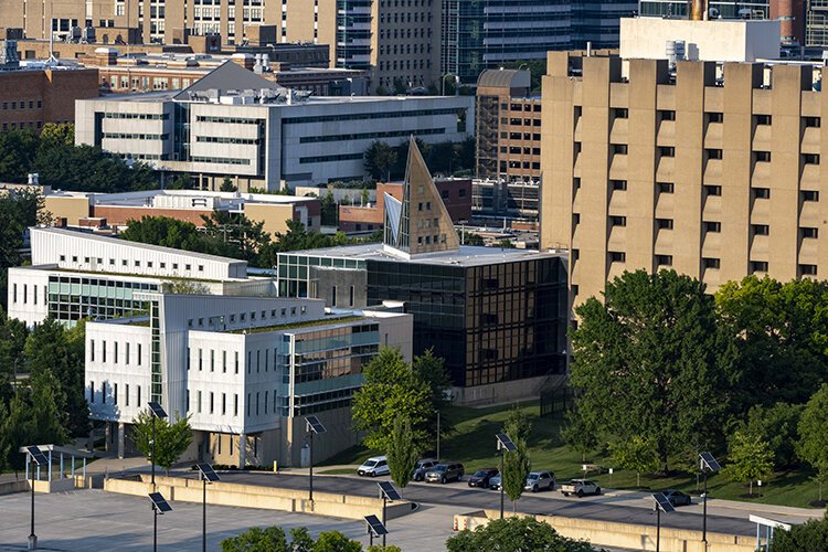 Panorama tour: View from top floor of Brutalist EPA building with its new steel and glass addition.