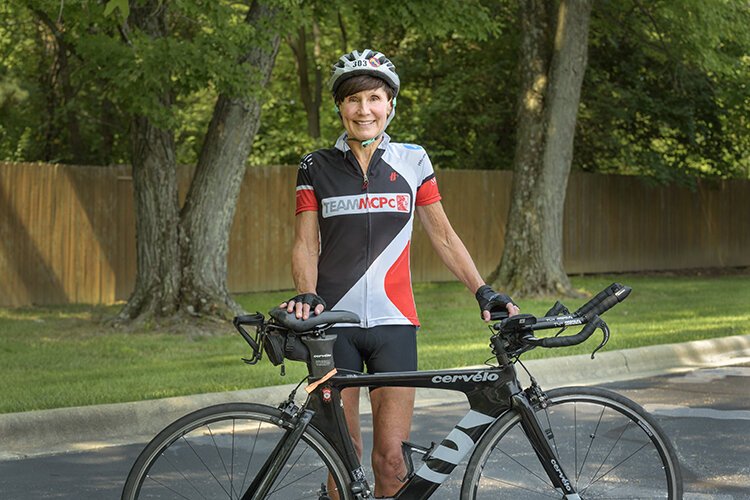 After breaking her pelvis in May of 2020, she was back on her bike a few weeks later in June.
