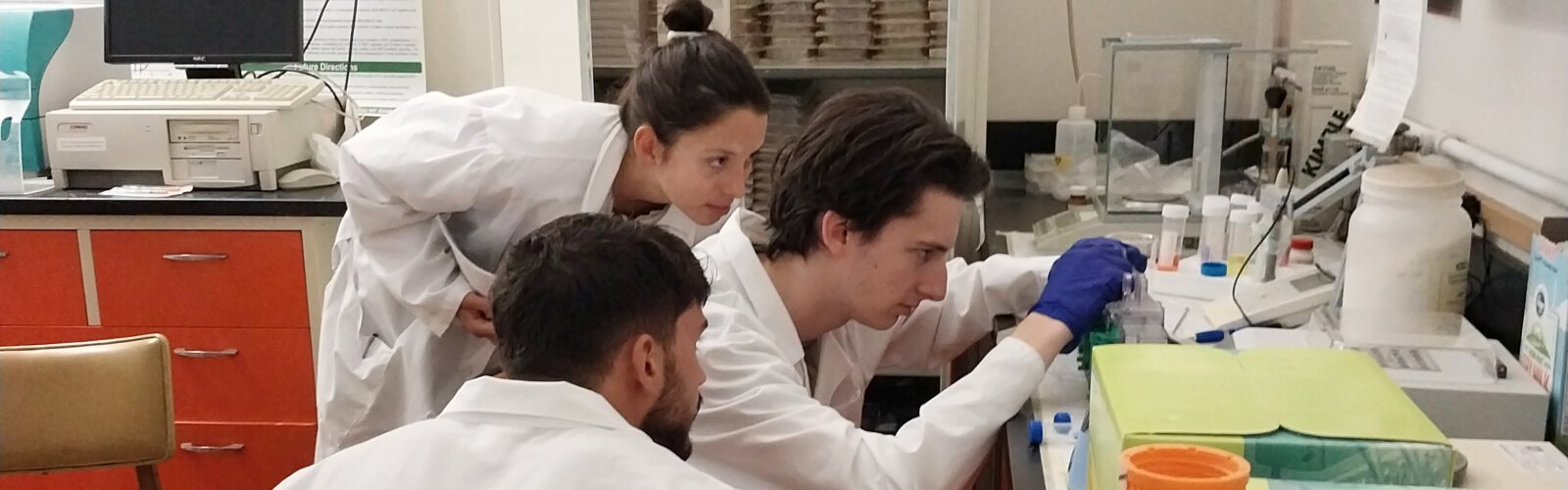 (Pictured L to R): Wood Hudson Cancer Research Laboratory 2025 Undergraduate Research Education Program students Emma Lykins, Morgan Lopes and Will Telesz work together in the lab.