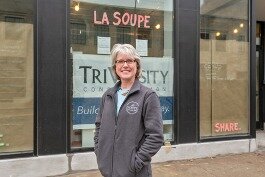La Soupe board president Mimi Dyer in front of La Soupe's newest location.