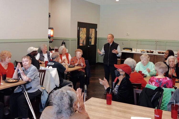 LaRosa's CEO Michael LaRosa addresses LBFE's November Third Thursday gathering, which took place at the pizzeria's Boudinot Avenue location, with a word of thanks for the group's service and sense of community.