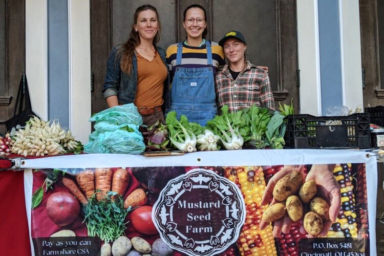 Mustard Seed Farm’s (l. to r.) Marykate Glenn partners with Becky Richey and Lindsey Melling to collaboratively meet the needs of their CSA customers.