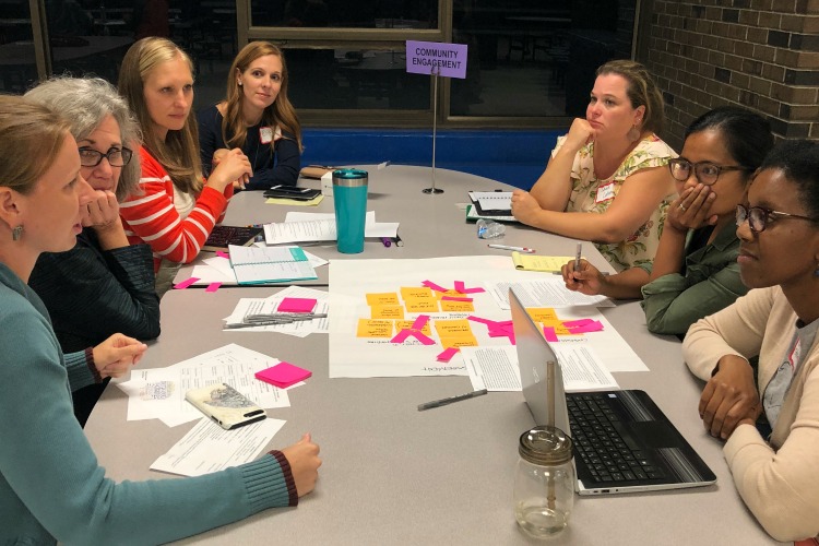 Community engagement action team volunteers working together at one of six community-wide planning meetings.