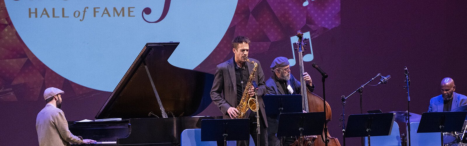 Retro Nouveau was among the groups that performed at the Hall of Fame event. Dan Karlsberg on piano, Josh Kline on sax, newly inducted Hall of Fame member Mike Sharfe on bass, Hall of Famer Melvin Broach on drums.