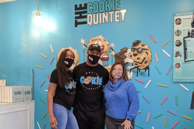 From left to right: Christina and Miles Davis, owners of Davis Cookie Collection, with Katherine Nero for a Facebook live interview.