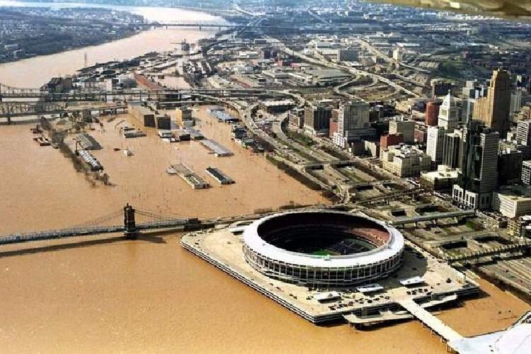 An aerial photo before The Banks when the river crested at 64.7 feet in downtown Cincinnati on March 5, 1997.
