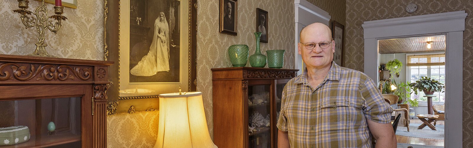 Mt. Airy resident, Tom Wurzelbacher, grew up on Kipling Avenue across the street from Pinecroft in a house that had been built for Powel Crosley’s son. The portrait Tom is standing beside is his great-grandmother, Elanor Brigel.