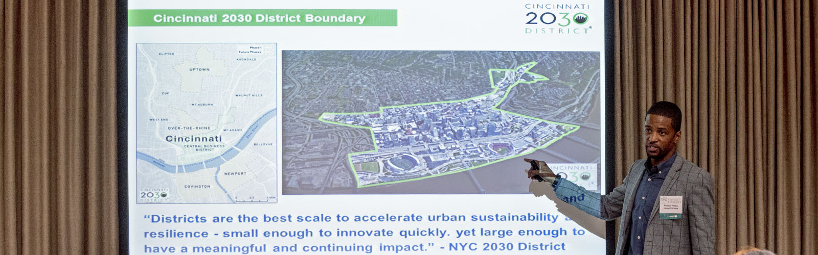 Tremaine Phillips unveils the recently formed Cincinnati 2030 District at the 2019 Midwest Sustainability Summit.