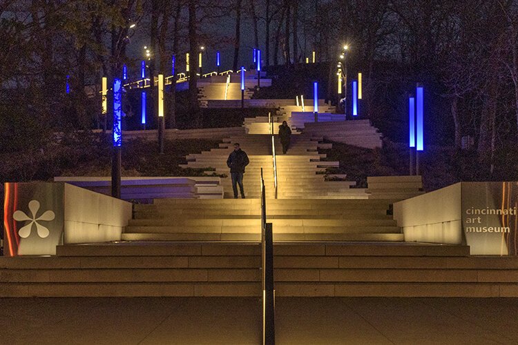 Throughout the city, blue and yellow lights show support for our sister city, Kharkiv.