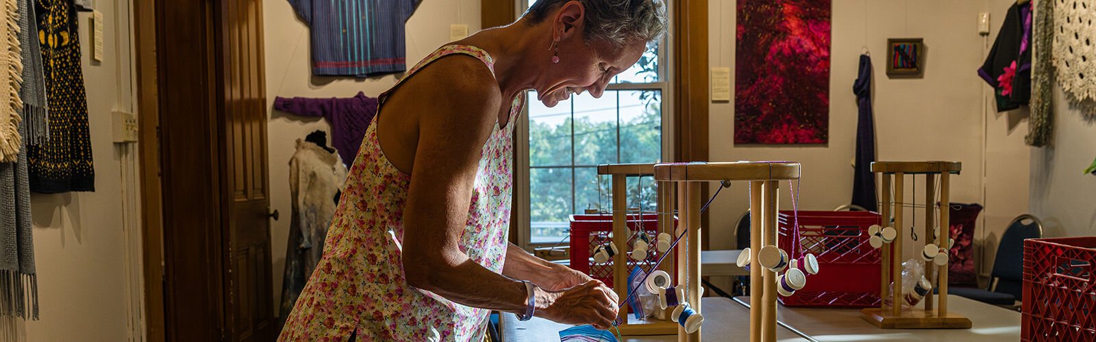 Guild member and frequent instructor, Janie Yates, is working on the Maru Dai, a round-top braiding stand used to make a wide variety of kumihimo braids in many different forms.