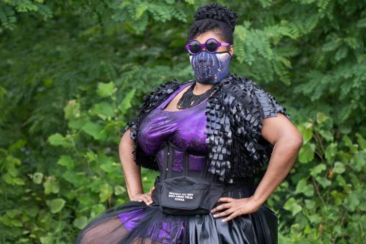 Writer Aiesha D. Little in cyber punk pandemic princess warrior gear (photo has been cropped)