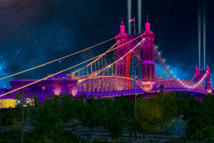 A concept of what the Roebling Suspension Bridge will look like during BLINK.