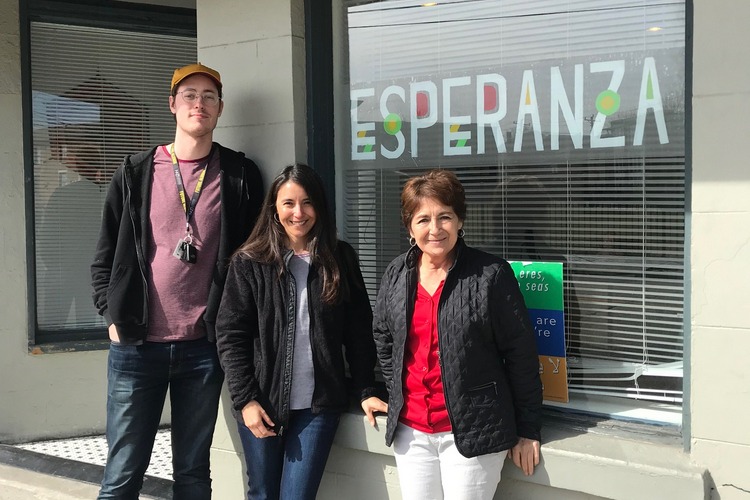 In front of the center are, from left, NKU intern Jack Maslovar, PR manager Karla Keihl and Karla's mother, Grace Ortiz.