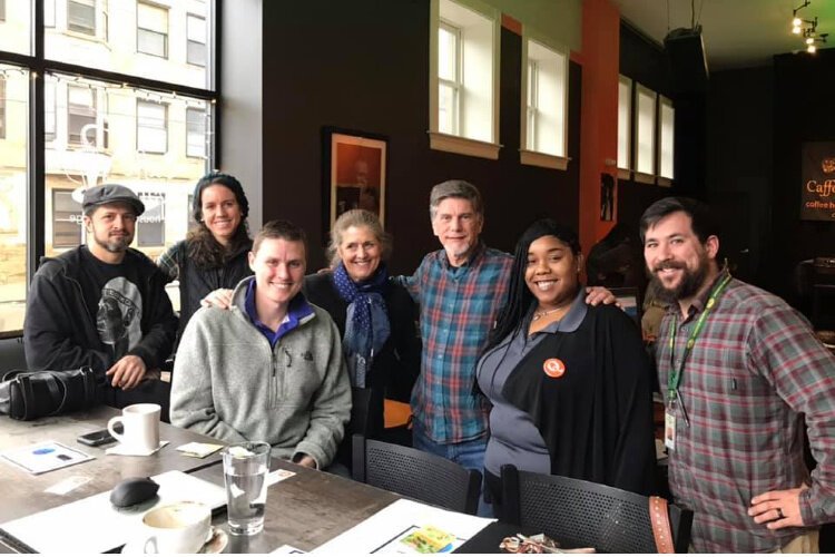 Food access advocates (from left): Michael Morris, Plant Cincinnati; Emmy Schroder, Food as Medicine; David Curtin, Food Forest; Suzy DeYoung, La Soupe; Gary Dangel, WHRF; Shauntia Edwards, Queen City Kitchen; and John Sugawara, Freestore Foodbank.