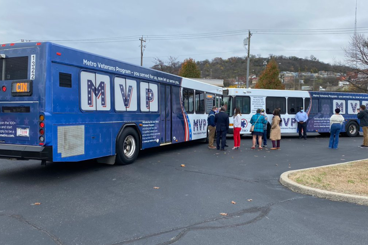 Busses advertise the Metro Veterans Program