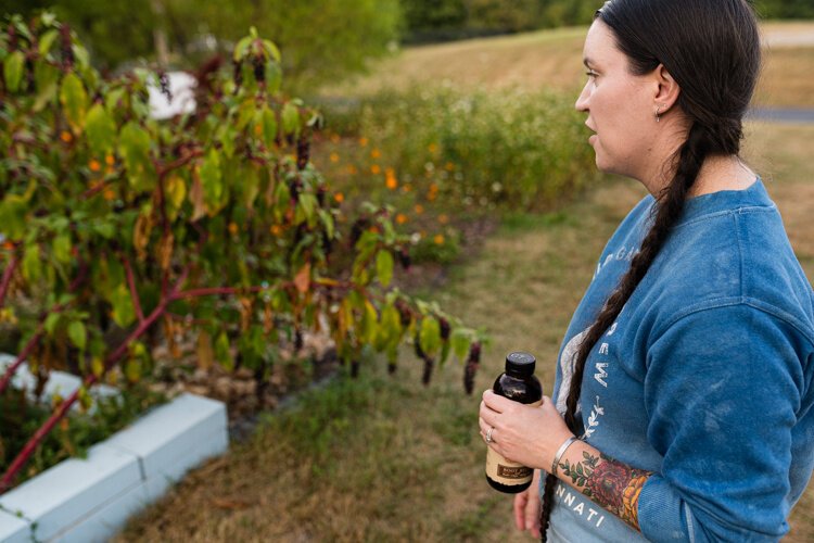 Weaver’s Guild sitting president, Amber Ostaszewski, is giving a tour of the Guild garden, where plants like indigo and madder root—cultivated for dyeing—grow alongside cotton and flax.