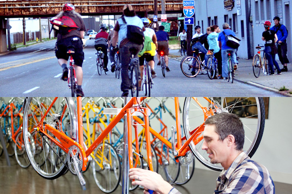 Above: Group ride in Cincinnati; Below: Shinola bikes in Detroit