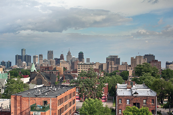 An aerial roofscape view of downtown Detroit.