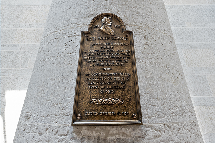 Marker for location where Abraham Lincoln delivered a memorable address on September 16, 1859. Photo by Gary Kessler.