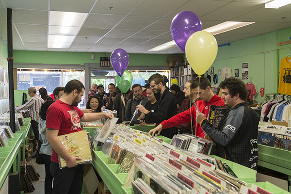 Record Store Day shoppers browse "special release" vinyl.