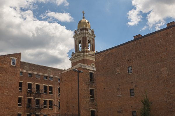 The dome of St. Paul's (now Verdin Bell Centre) towers over Pendleton