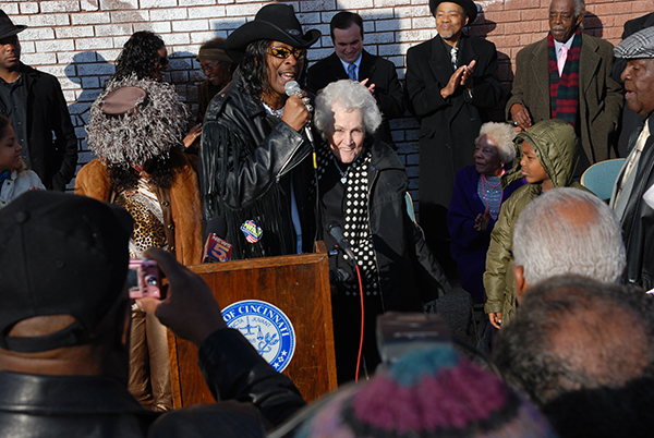 Funk legend Bootsy Collins with King Records founder Syd Nathan's widow at commemorative ceremony.