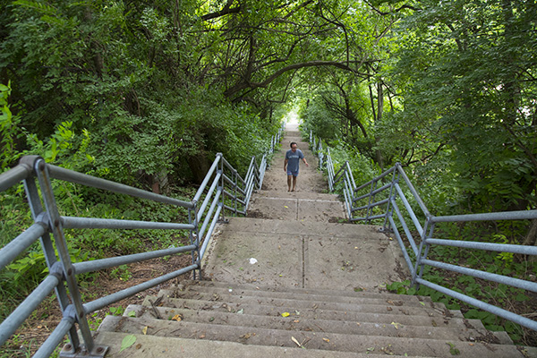 Casey Coston nears the summit of the Main Street steps