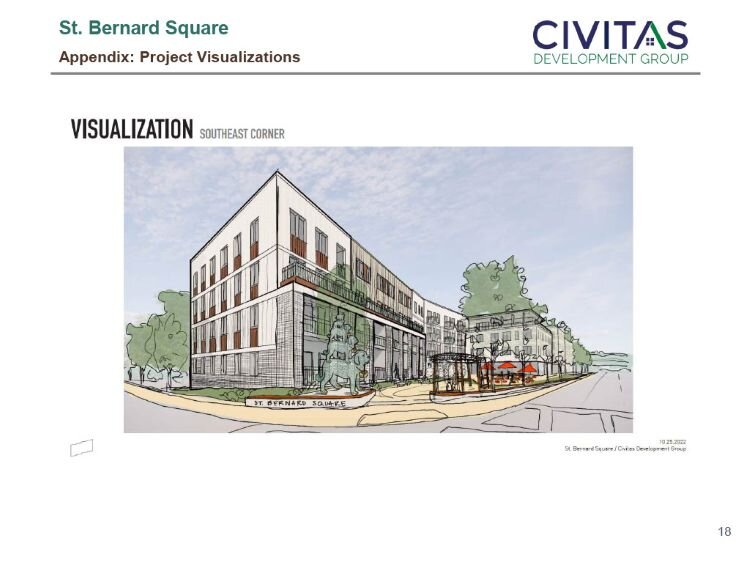 A preliminary rendering of apartments planned for St. Bernard Square.