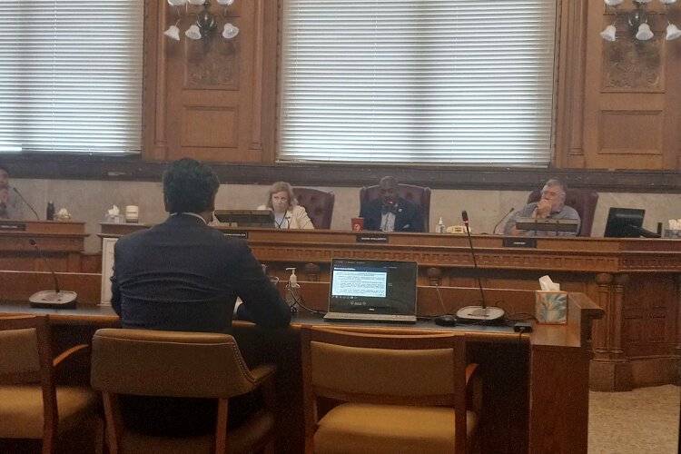 Planning Commission Chairperson Byron Stallworth questions Mayor Aftab Pureval about the Connected Communities proposal. 